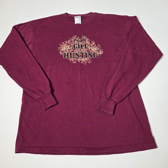 Gildan Tops - Gildan Girl Gone Hunting Graphic‎ T-Shirt Womens M Long Sleeve Cotton Vintage